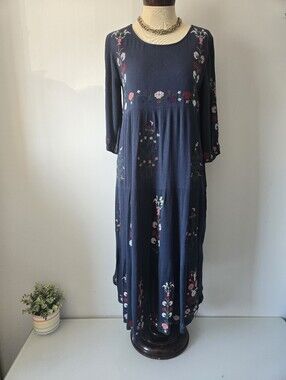 Orange Creek Bohemian Navy Floral Embroidered Maxi Dress. Size Small